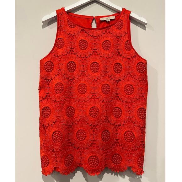Loft Size Small Red Orange Blouse Embroidered Sunflower Lace Floral Top Cotton - Picture 3 of 12